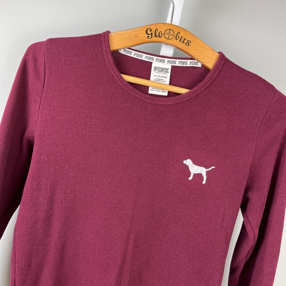 Victoria's Secret PINK Thermal Pajama Top Shirt Womens S Maroon Red Silver Dog